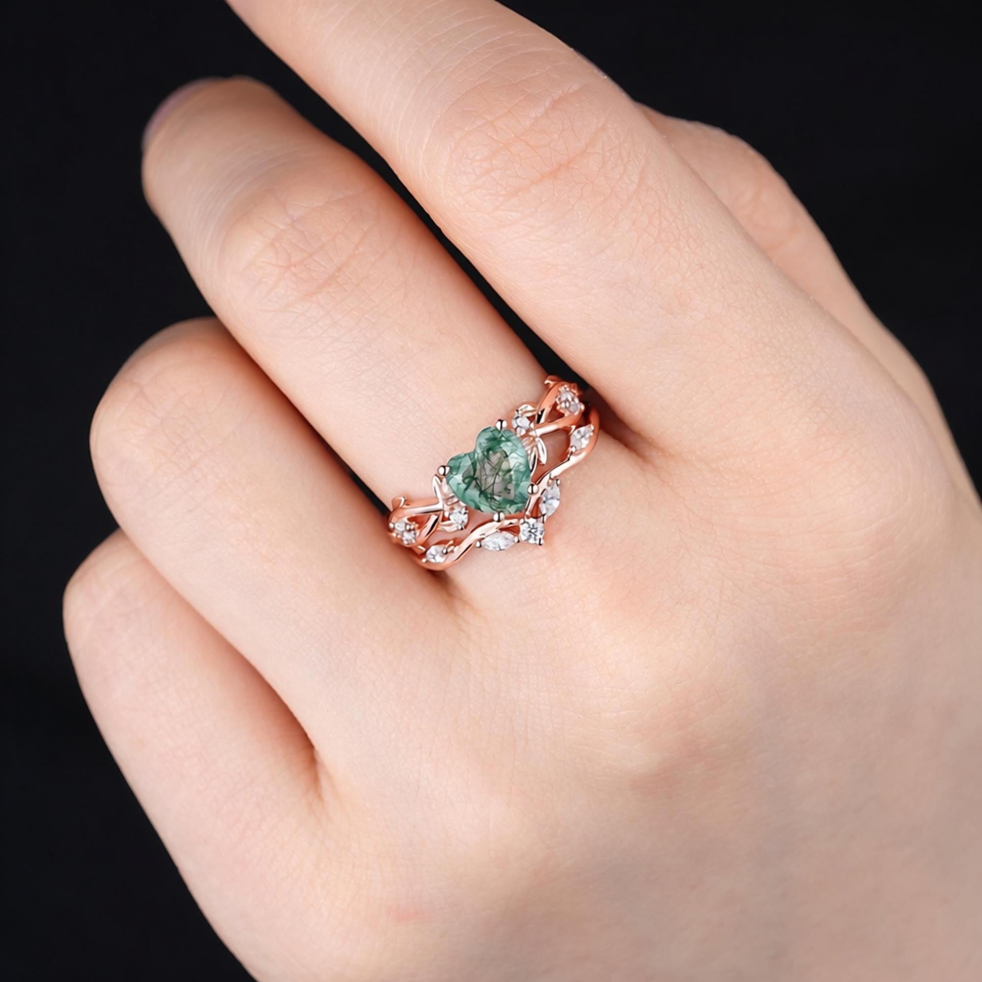 Nature Heart Moss Agate Unique Couple Ring His and Her Matching Wedding Band - anerjuly
