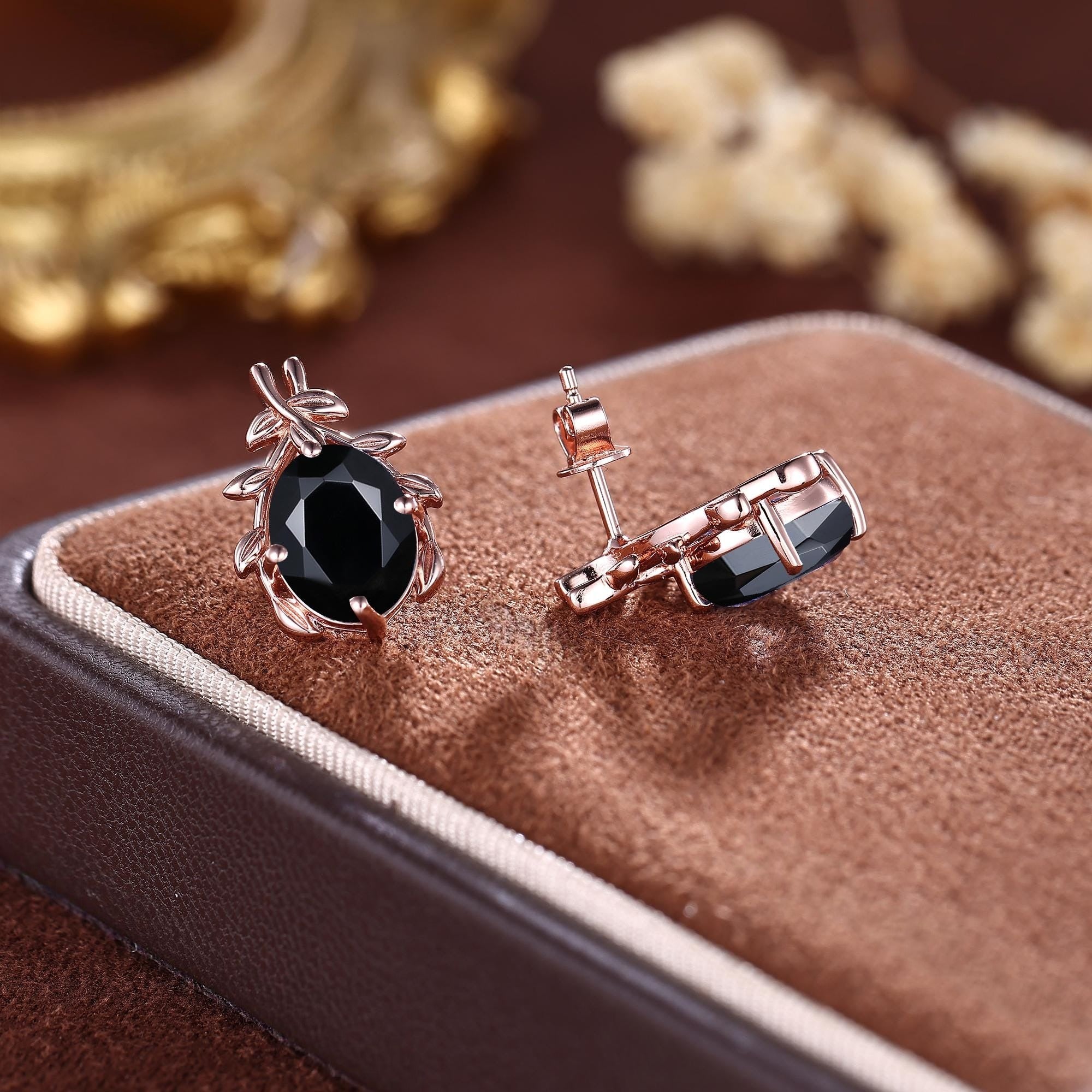 Nature Inspired Black Onyx Everyday Vine Leaf Nature Inspired Onyx Studs Earrings - anerjuly