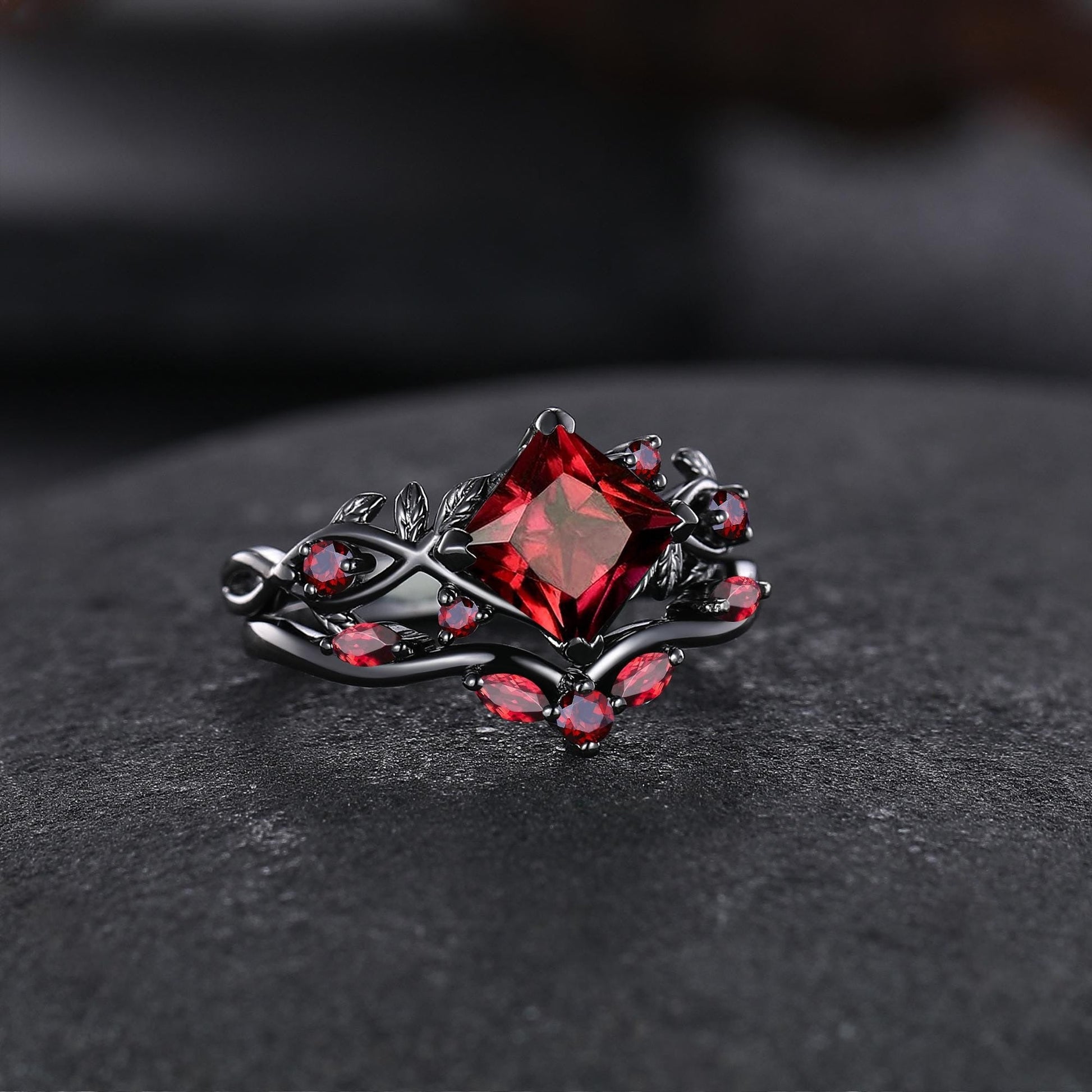 Nature Inspired Garnet Engagement Ring Black Gold Couple Rings Tungsten Wedding Band Promise Ring for Her - anerjuly