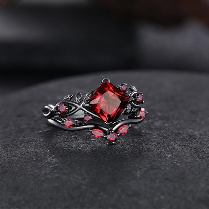 Nature Inspired Garnet Engagement Ring Black Gold Couple Rings Tungsten Wedding Band Promise Ring for Her - anerjuly