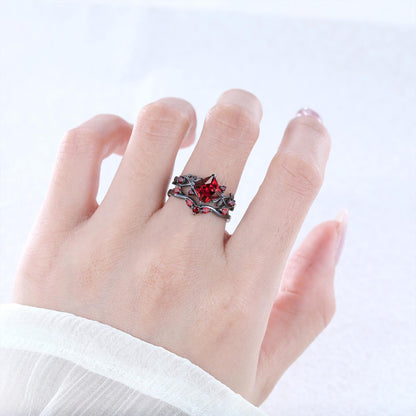 Nature Inspired Garnet Engagement Ring Black Gold Couple Rings Tungsten Wedding Band Promise Ring for Her - anerjuly