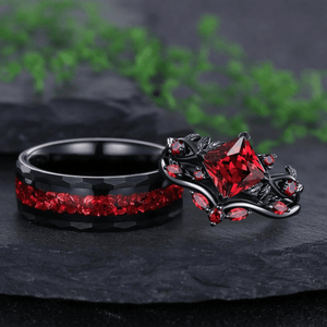 Nature Inspired Garnet Engagement Ring Black Gold Couple Rings Tungsten Wedding Band Promise Ring for Her - anerjuly
