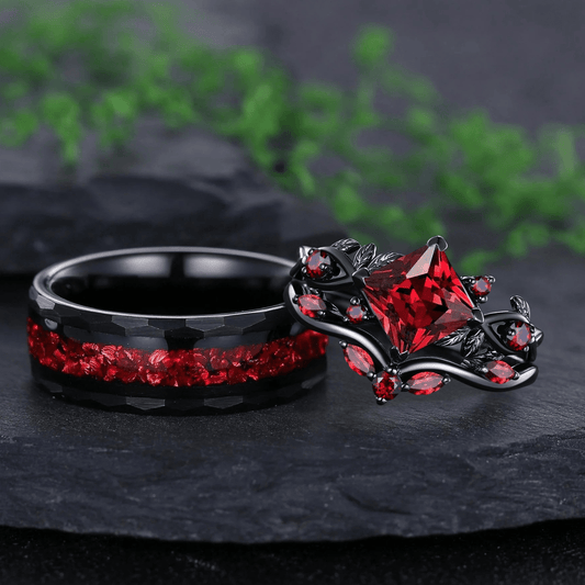 Nature Inspired Garnet Engagement Ring Black Gold Couple Rings Tungsten Wedding Band Promise Ring for Her - anerjuly