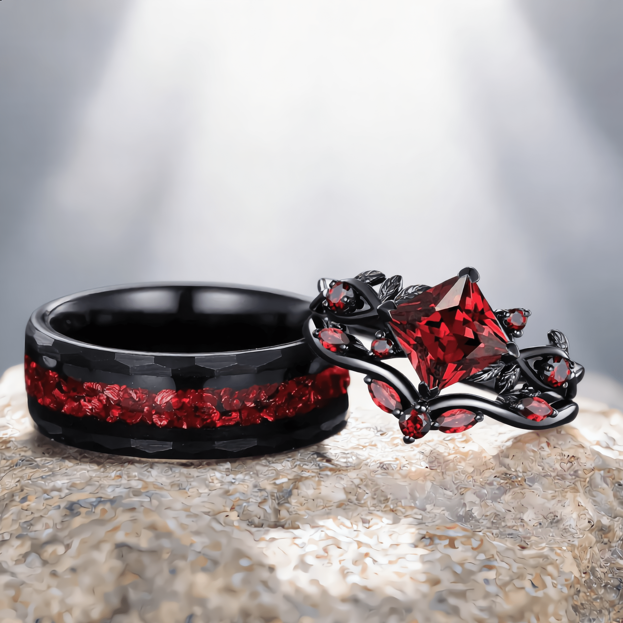 Nature Inspired Garnet Engagement Ring Black Gold Couple Rings Tungsten Wedding Band Promise Ring for Her - anerjuly