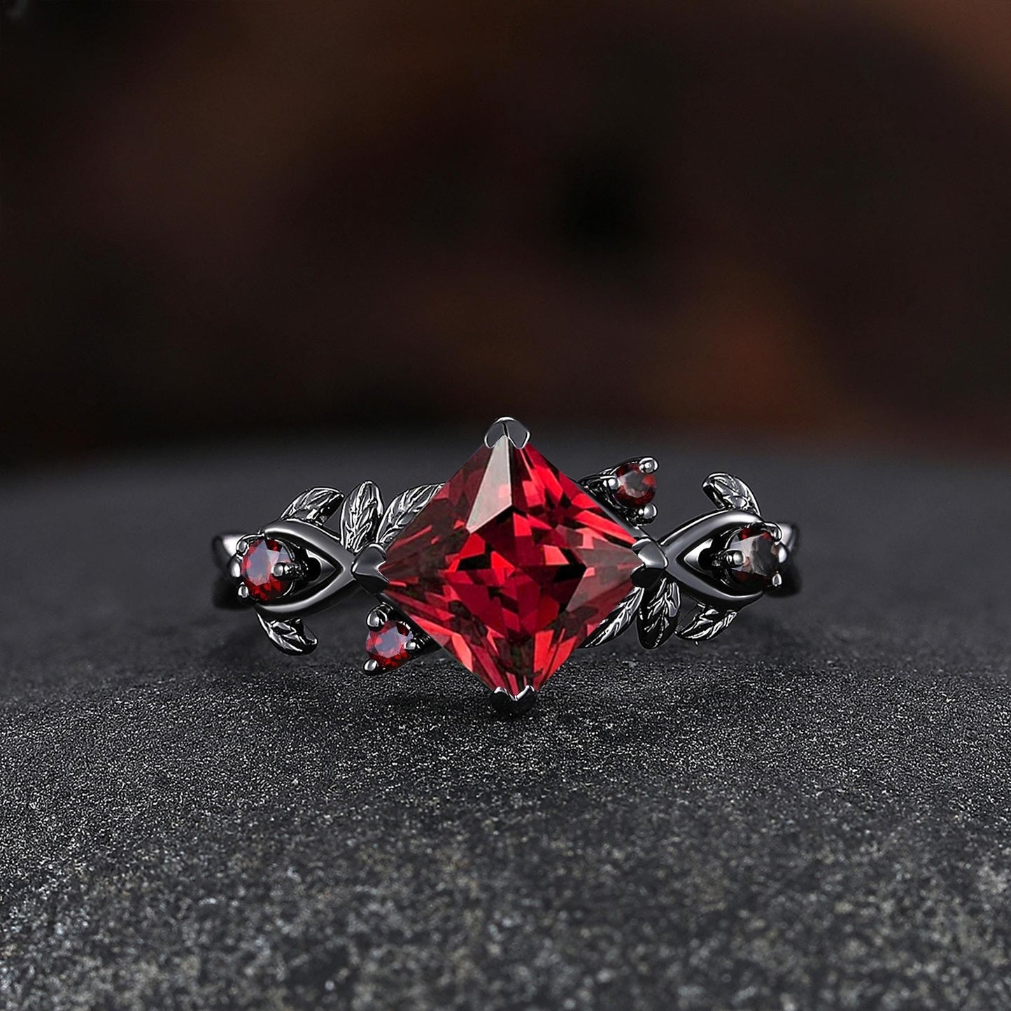 Nature Inspired Garnet Engagement Ring Black Gold Couple Rings Tungsten Wedding Band Promise Ring for Her - anerjuly