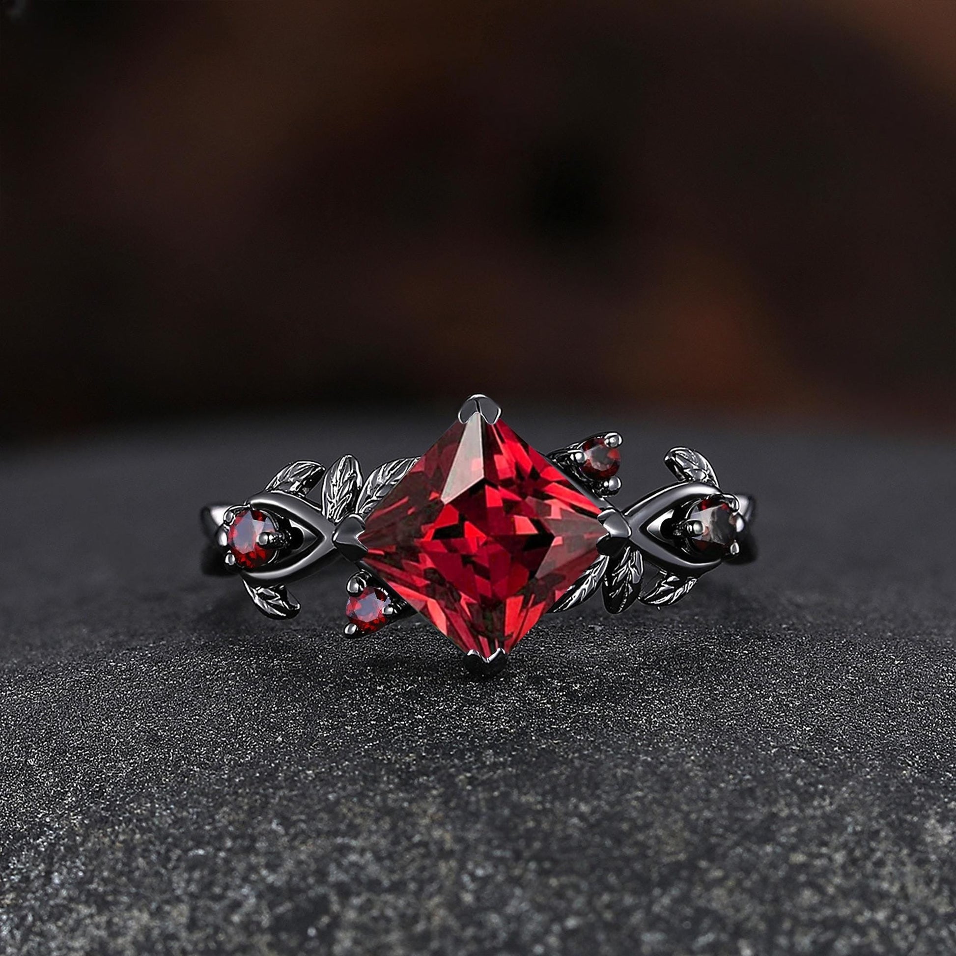 Nature Inspired Garnet Engagement Ring Black Gold Couple Rings Tungsten Wedding Band Promise Ring for Her - anerjuly