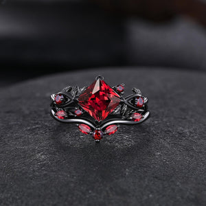 Nature Inspired Garnet Engagement Ring Black Gold Couple Rings Tungsten Wedding Band Promise Ring for Her - anerjuly