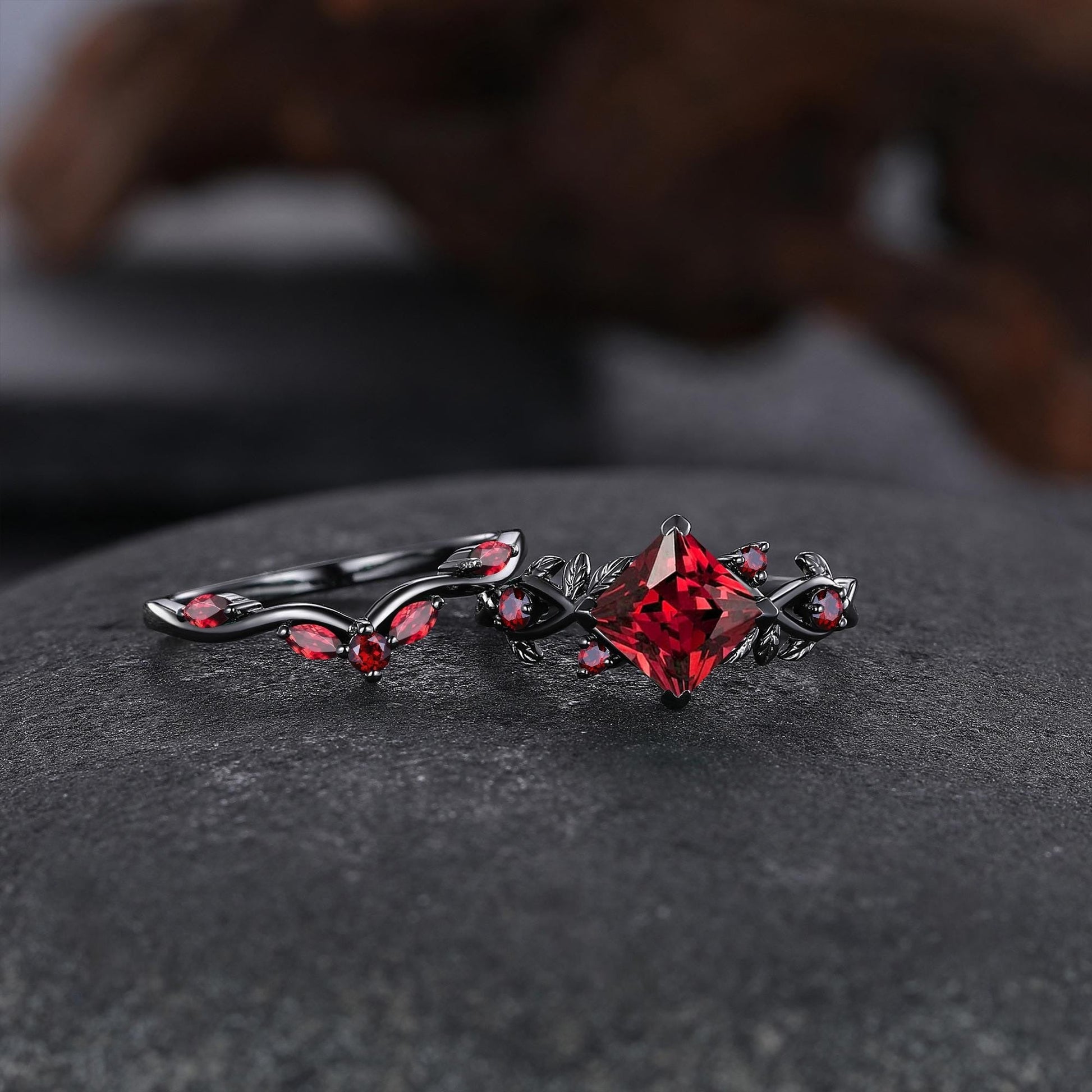 Nature Inspired Garnet Engagement Ring Black Gold Couple Rings Tungsten Wedding Band Promise Ring for Her - anerjuly