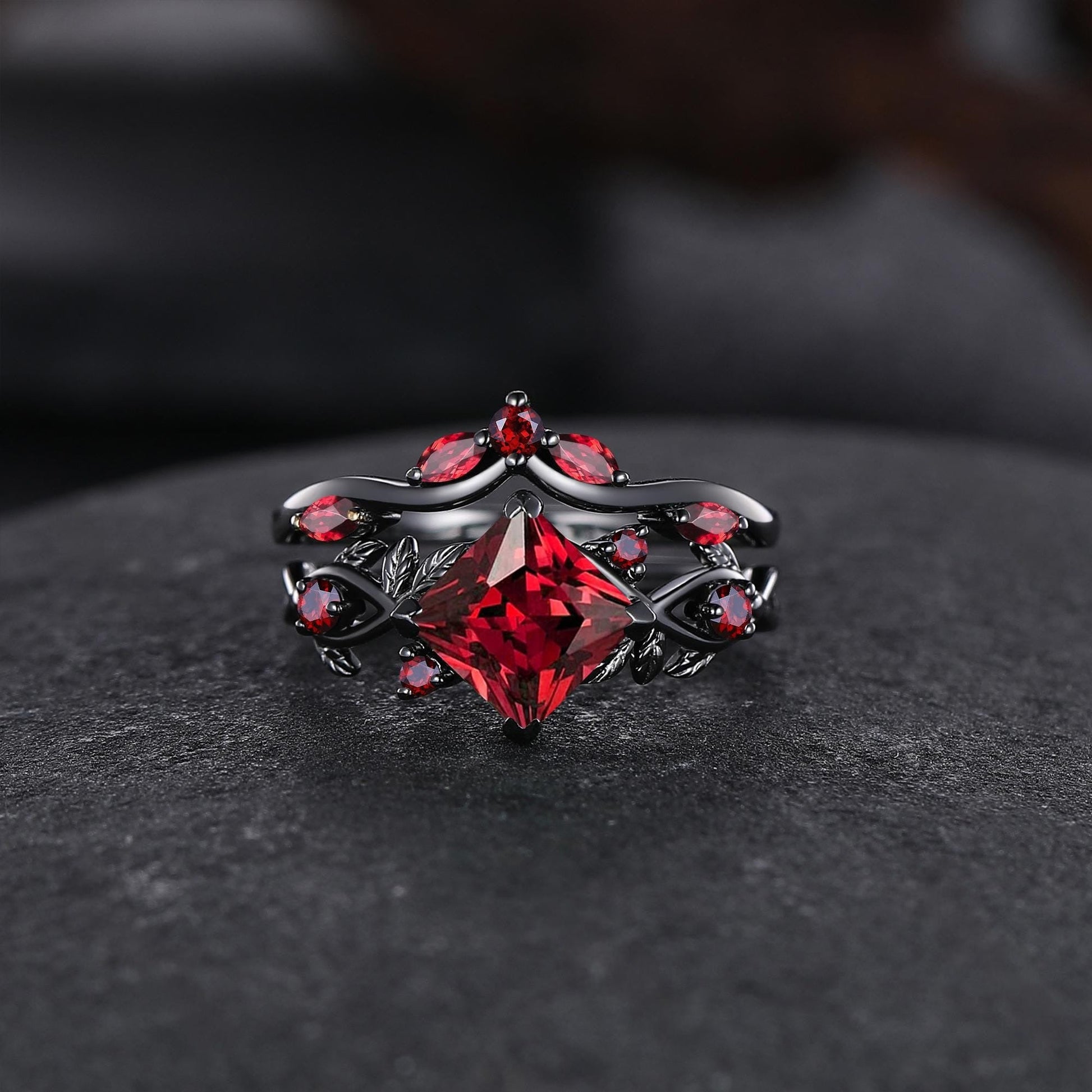 Nature Inspired Garnet Engagement Ring Black Gold Couple Rings Tungsten Wedding Band Promise Ring for Her - anerjuly