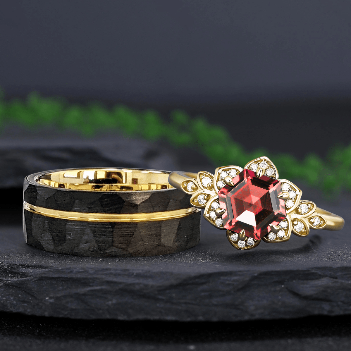 Nature Inspired Garnet Ring Black Gold Couple Rings Tungsten Wedding Band Promise Ring - anerjuly