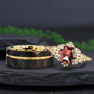 Nature Inspired Garnet Ring Black Gold Couple Rings Tungsten Wedding Band Promise Ring - anerjuly