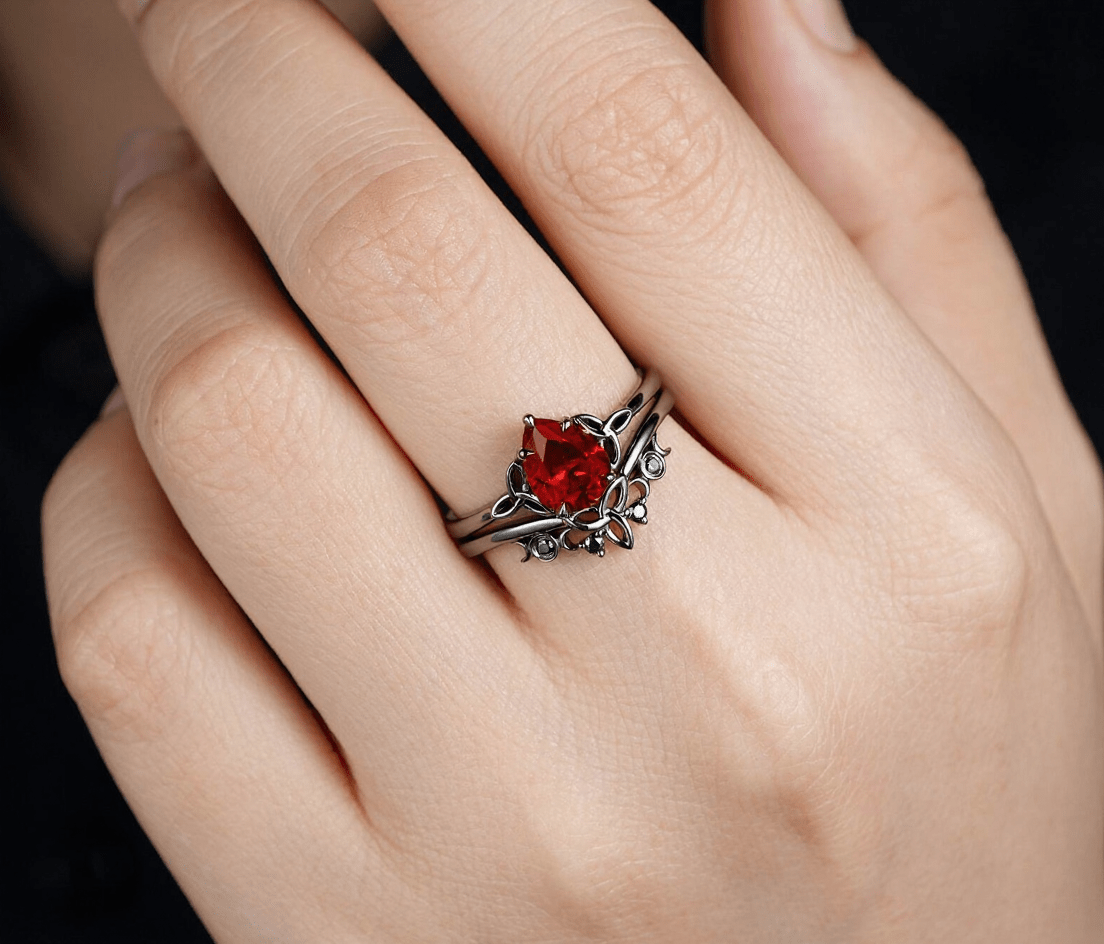 Nature Inspired Garnet Ring Black Gold Couple Rings Tungsten Wedding Band Promise Ring for Her - anerjuly