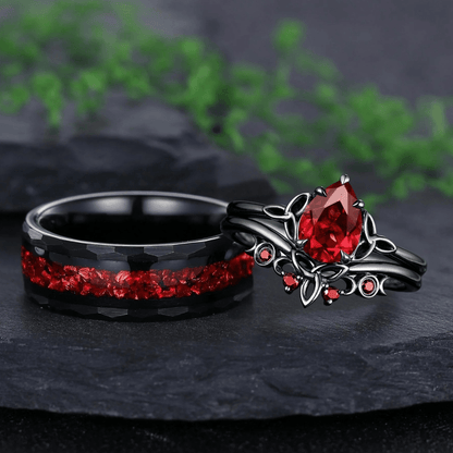 Nature Inspired Garnet Ring Black Gold Couple Rings Tungsten Wedding Band Promise Ring for Her - anerjuly