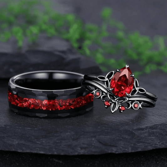 Nature Inspired Garnet Ring Black Gold Couple Rings Tungsten Wedding Band Promise Ring for Her - anerjuly