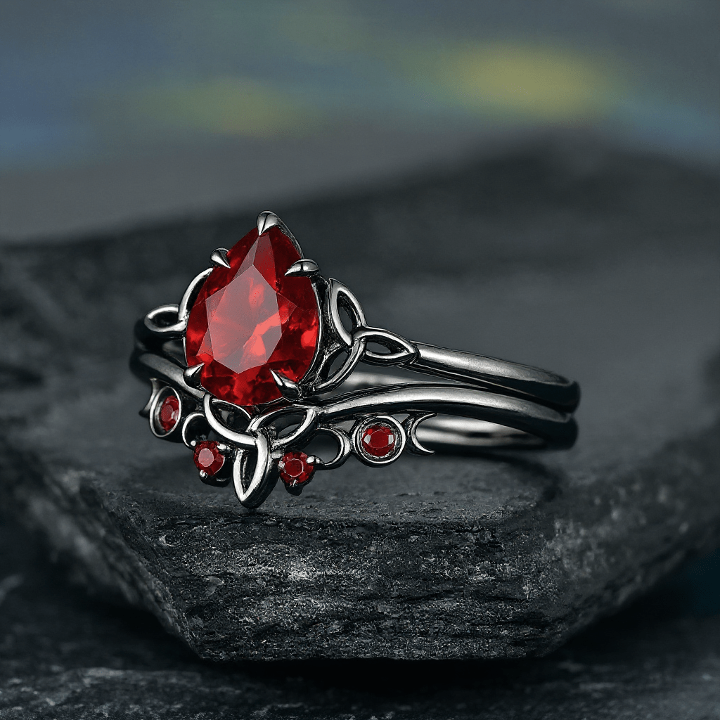 Nature Inspired Garnet Ring Black Gold Couple Rings Tungsten Wedding Band Promise Ring for Her - anerjuly