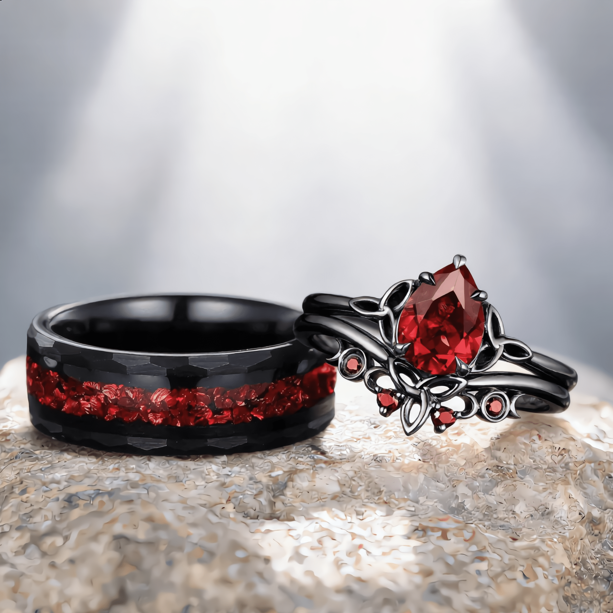 Nature Inspired Garnet Ring Black Gold Couple Rings Tungsten Wedding Band Promise Ring for Her - anerjuly