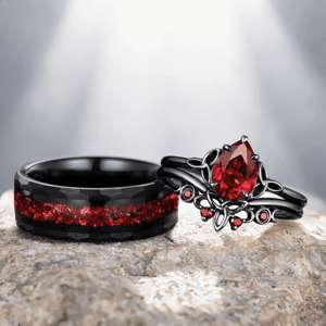Nature Inspired Garnet Ring Black Gold Couple Rings Tungsten Wedding Band Promise Ring for Her - anerjuly