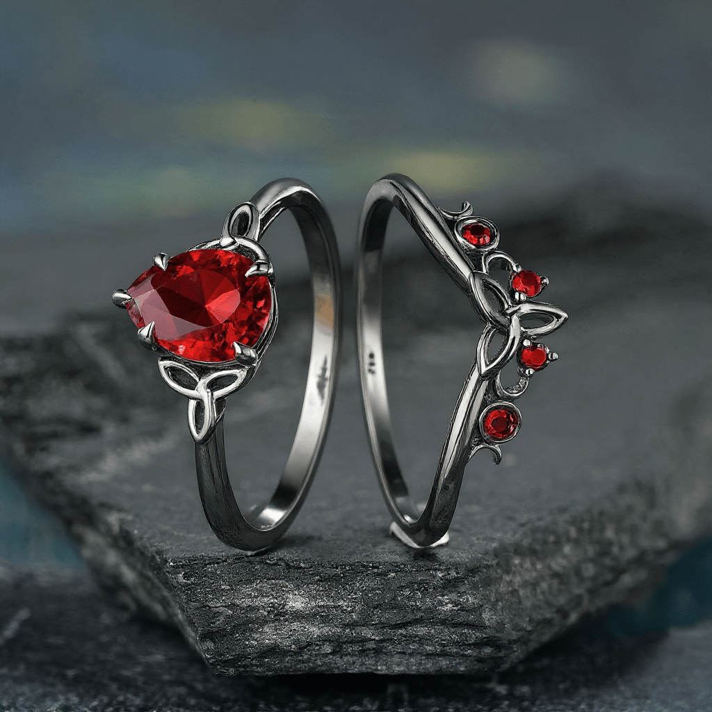 Nature Inspired Garnet Ring Black Gold Couple Rings Tungsten Wedding Band Promise Ring for Her - anerjuly
