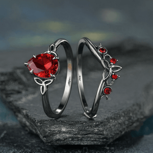 Nature Inspired Garnet Ring Black Gold Couple Rings Tungsten Wedding Band Promise Ring for Her - anerjuly