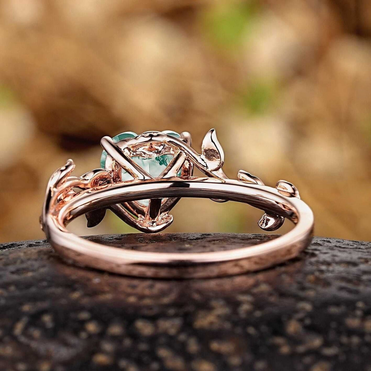 Nature Inspired Heart Cut Green Moss Agate Engagement Ring - anerjuly