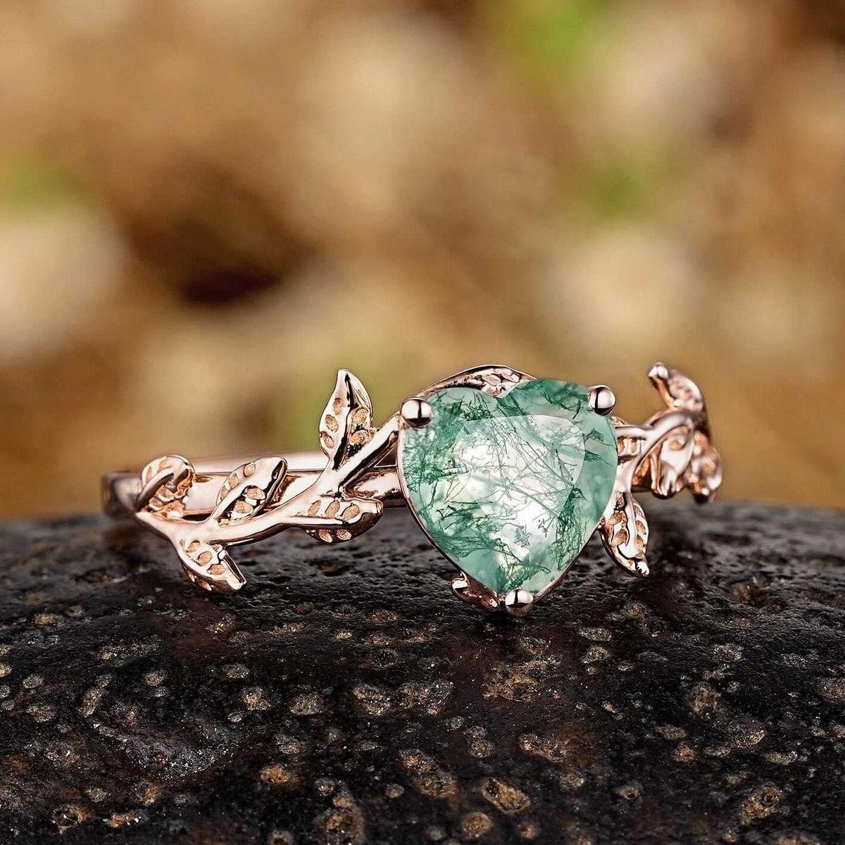 Nature Inspired Heart Cut Green Moss Agate Engagement Ring - anerjuly