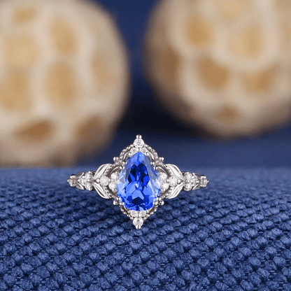 Nature Inspired Leaf Design with Tear Drop Blue Stone Black Tungsten Matching Couples Rings - anerjuly