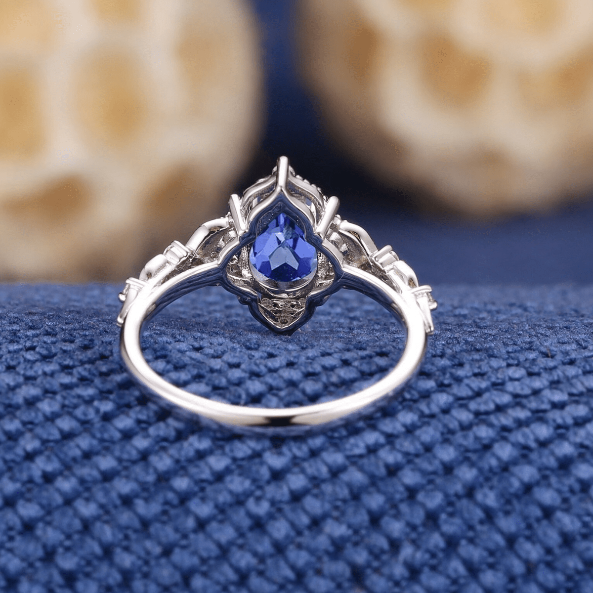 Nature Inspired Leaf Design with Tear Drop Blue Stone Black Tungsten Matching Couples Rings - anerjuly