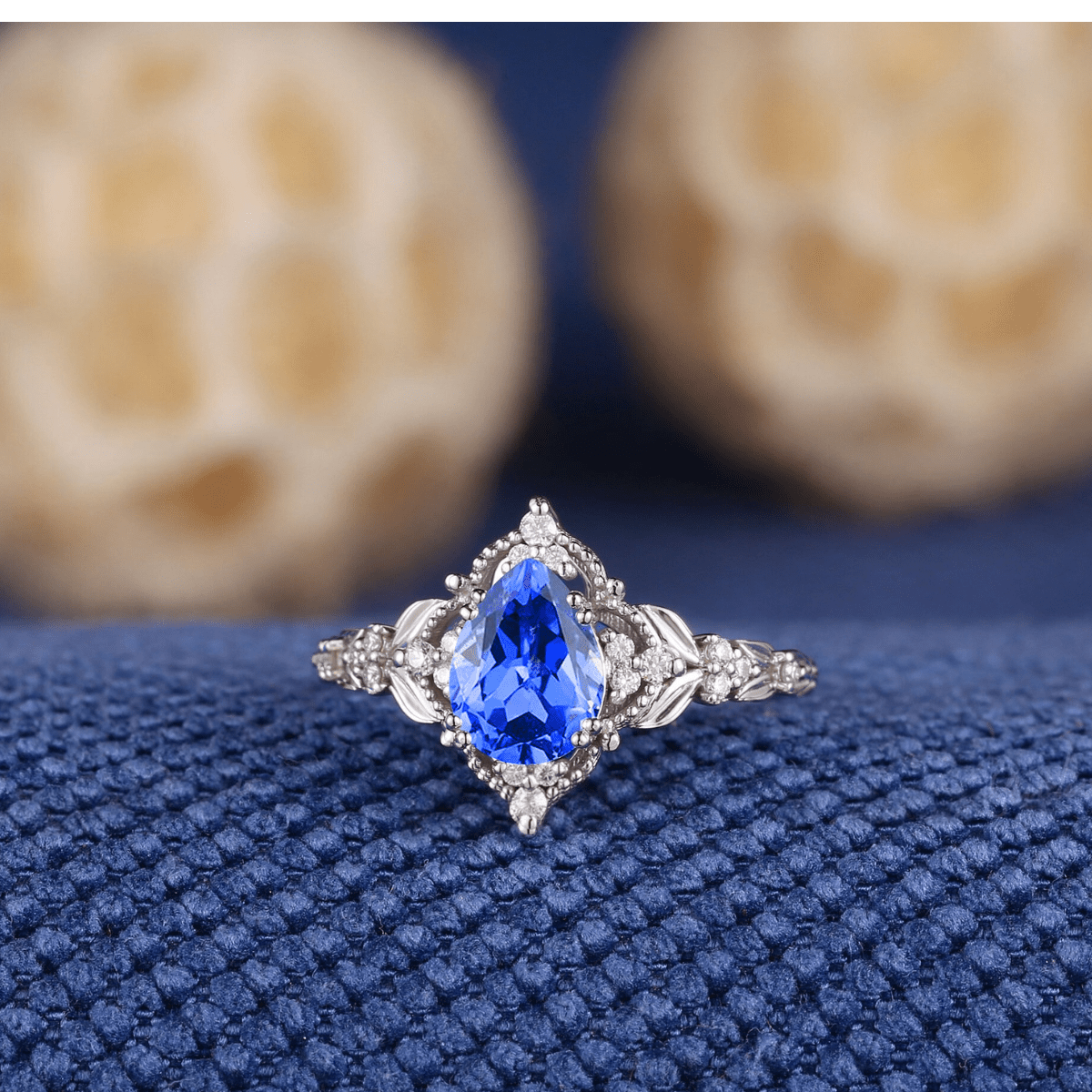 Nature Inspired Leaf Design with Tear Drop Blue Stone Black Tungsten Matching Couples Rings - anerjuly