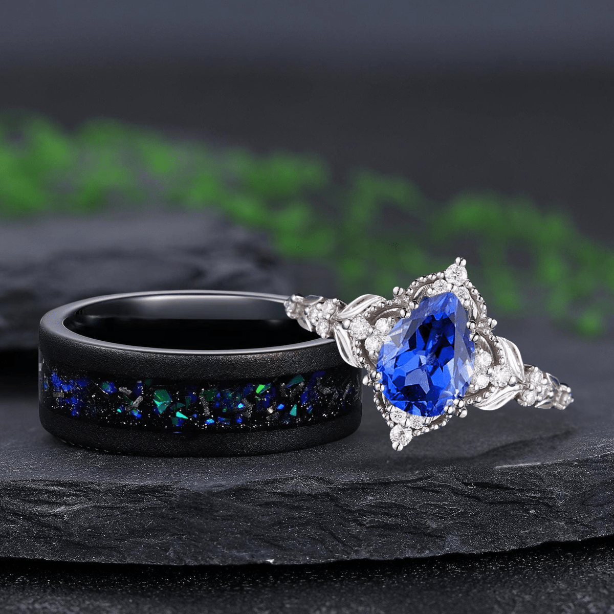 Nature Inspired Leaf Design with Tear Drop Blue Stone Black Tungsten Matching Couples Rings - anerjuly