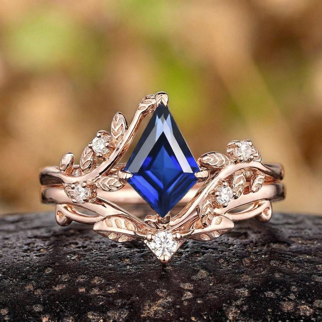 Nature Inspired Leaf Sapphire Couple Ring Set - anerjuly