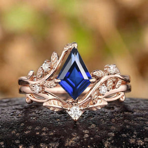 Nature Inspired Leaf Sapphire Couple Ring Set - anerjuly