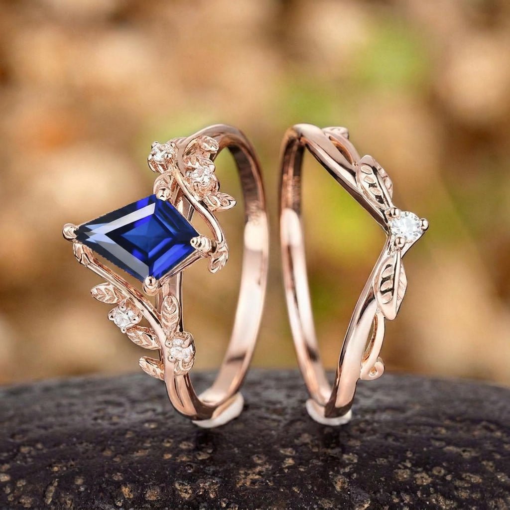Nature Inspired Leaf Sapphire Couple Ring Set - anerjuly
