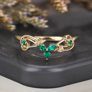 Nature Inspired Leaf & Vine Emerald Curved Wedding Band - anerjuly