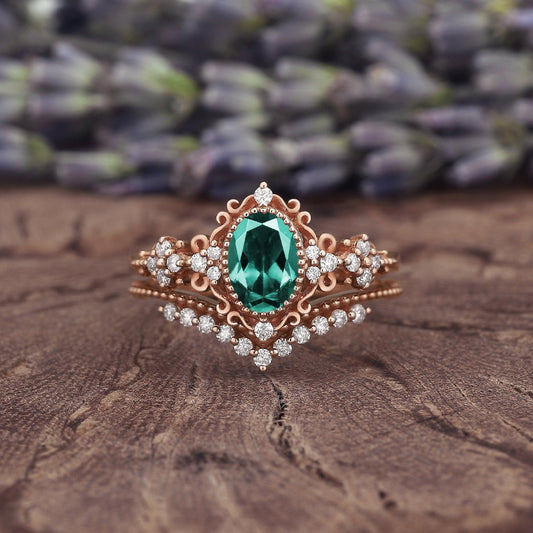 Nature Inspired Oval Shape Emerald Leaf Engagement Ring Set Rose Gold Vine Wedding Set Twig Branch Promise Ring for Women - anerjuly