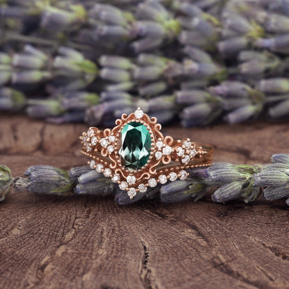 Nature Inspired Oval Shape Emerald Leaf Engagement Ring Set Rose Gold Vine Wedding Set Twig Branch Promise Ring for Women - anerjuly