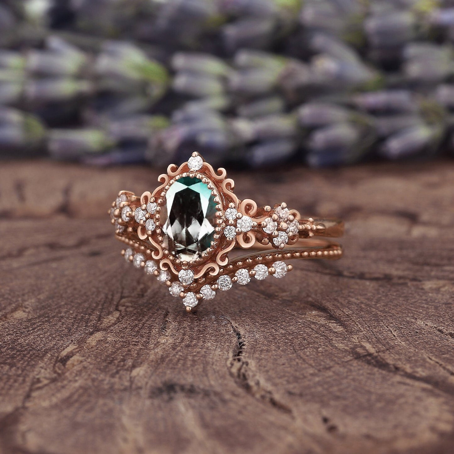 Nature Inspired Oval Shape Emerald Leaf Engagement Ring Set Rose Gold Vine Wedding Set Twig Branch Promise Ring for Women - anerjuly