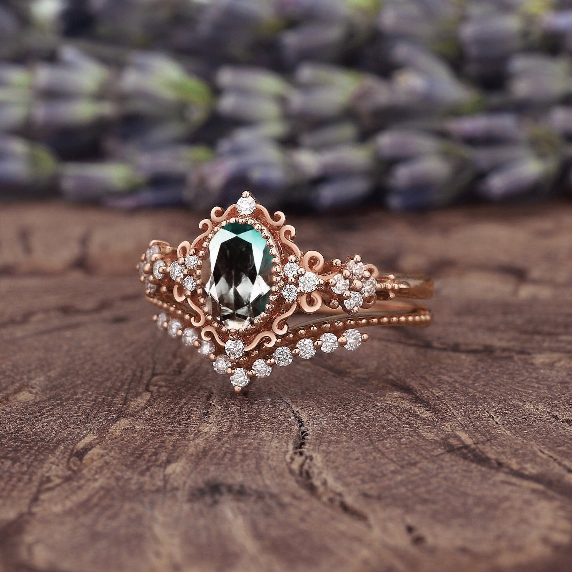 Nature Inspired Oval Shape Emerald Leaf Engagement Ring Set Rose Gold Vine Wedding Set Twig Branch Promise Ring for Women - anerjuly