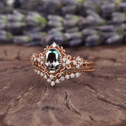 Nature Inspired Oval Shape Emerald Leaf Engagement Ring Set Rose Gold Vine Wedding Set Twig Branch Promise Ring for Women - anerjuly
