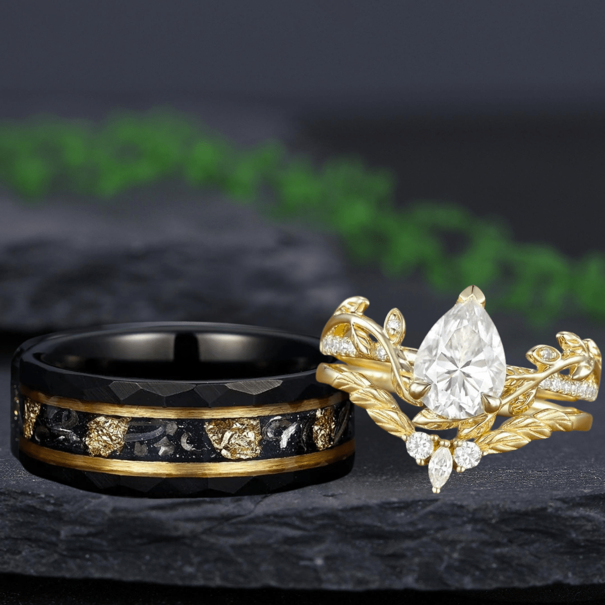 Nature - Inspired Pear Cut Bridal Set Couple Ring Set His and Her Engagement Ring matching rings - anerjuly