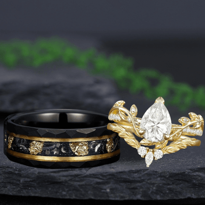 Nature - Inspired Pear Cut Bridal Set Couple Ring Set His and Her Engagement Ring matching rings - anerjuly