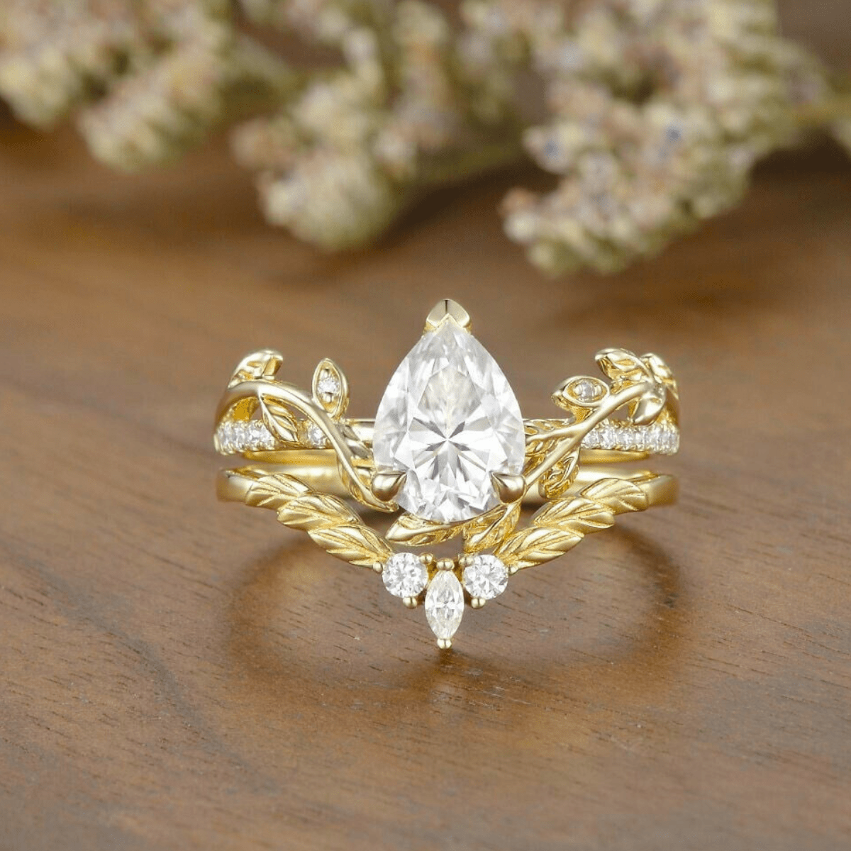 Nature - Inspired Pear Cut Bridal Set Couple Ring Set His and Her Engagement Ring matching rings - anerjuly