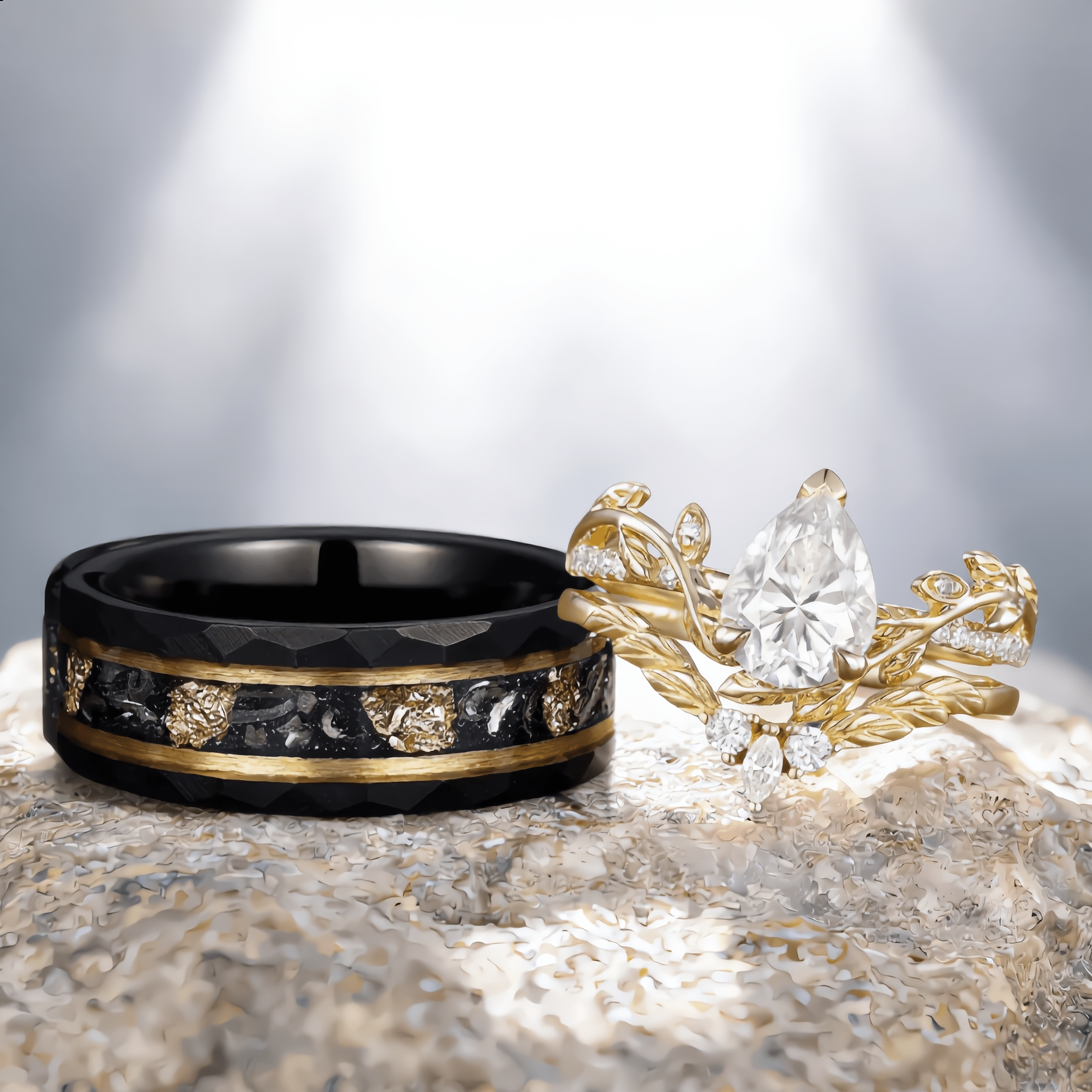 Nature - Inspired Pear Cut Bridal Set Couple Ring Set His and Her Engagement Ring matching rings - anerjuly
