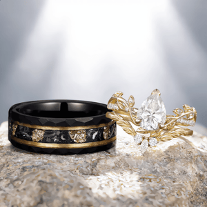 Nature - Inspired Pear Cut Bridal Set Couple Ring Set His and Her Engagement Ring matching rings - anerjuly