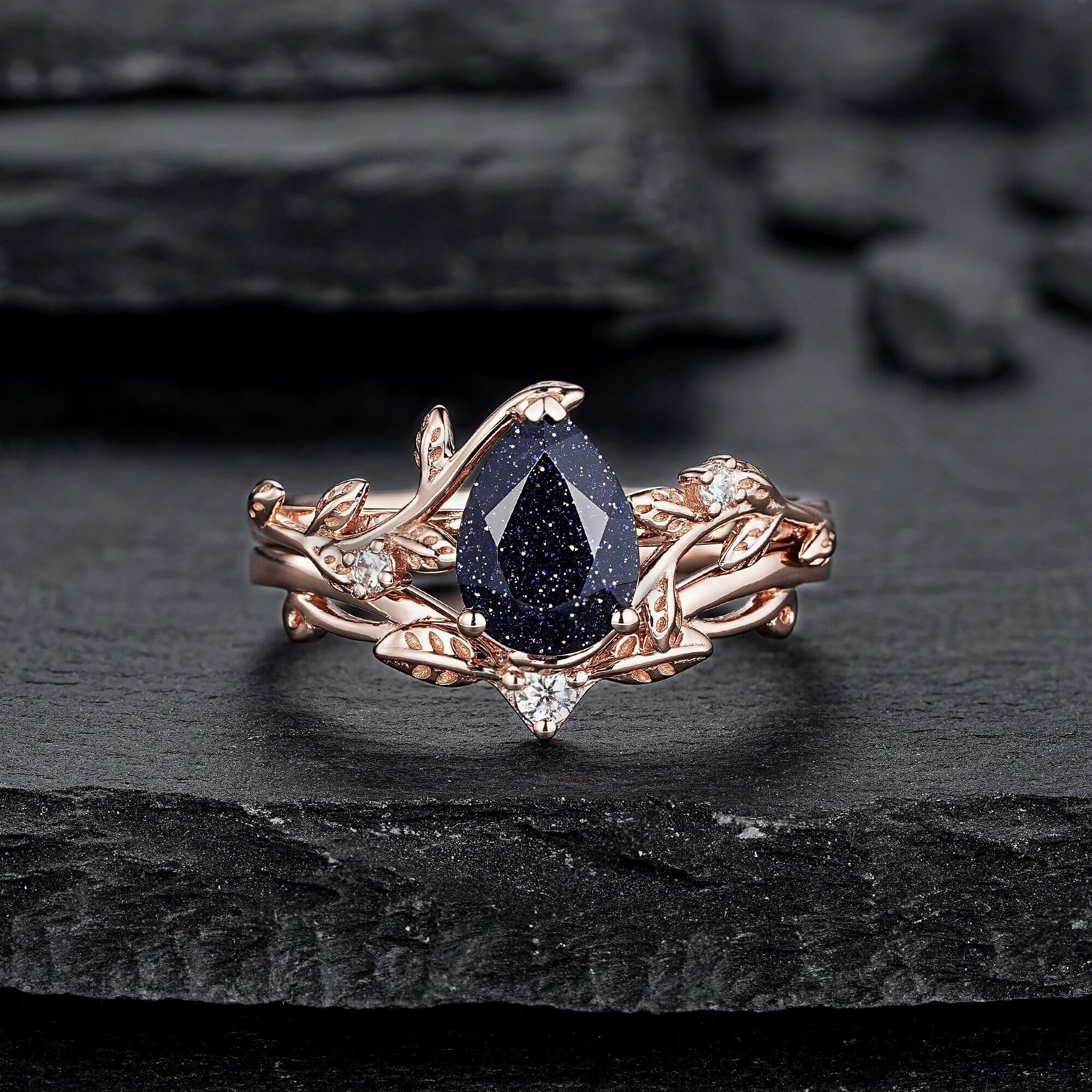 Nature Inspired Pear Shape Blue Sandstone Leaf Engagement Ring Set Rose Gold Twig Branch Promise Ring, Vine Anniversary Gift for Women - anerjuly