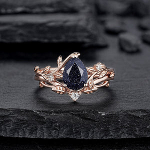 Nature Inspired Pear Shape Blue Sandstone Leaf Engagement Ring Set Rose Gold Twig Branch Promise Ring, Vine Anniversary Gift for Women - anerjuly