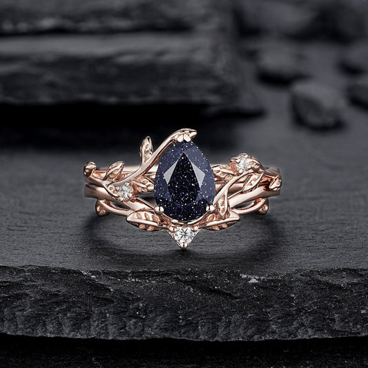 Nature Inspired Pear Shape Blue Sandstone Leaf Engagement Ring Set Rose Gold Twig Branch Promise Ring, Vine Anniversary Gift for Women - anerjuly
