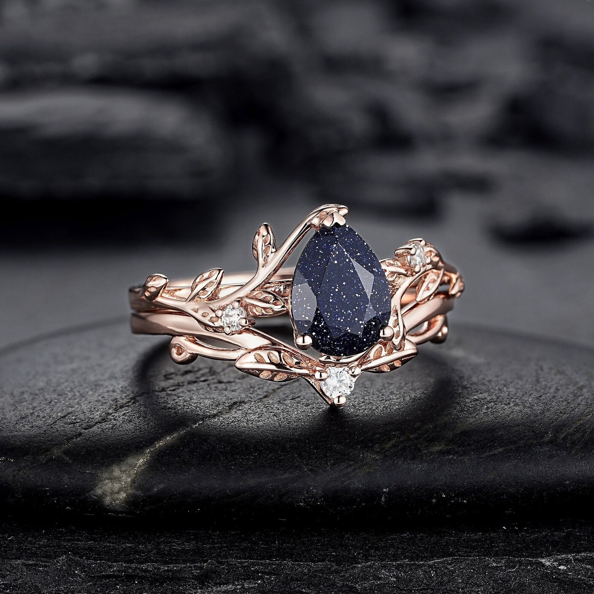 Nature Inspired Pear Shape Blue Sandstone Leaf Engagement Ring Set Rose Gold Twig Branch Promise Ring, Vine Anniversary Gift for Women - anerjuly