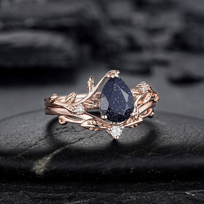 Nature Inspired Pear Shape Blue Sandstone Leaf Engagement Ring Set Rose Gold Twig Branch Promise Ring, Vine Anniversary Gift for Women - anerjuly