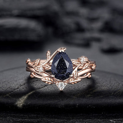 Nature Inspired Pear Shape Blue Sandstone Leaf Engagement Ring Set Rose Gold Twig Branch Promise Ring, Vine Anniversary Gift for Women - anerjuly