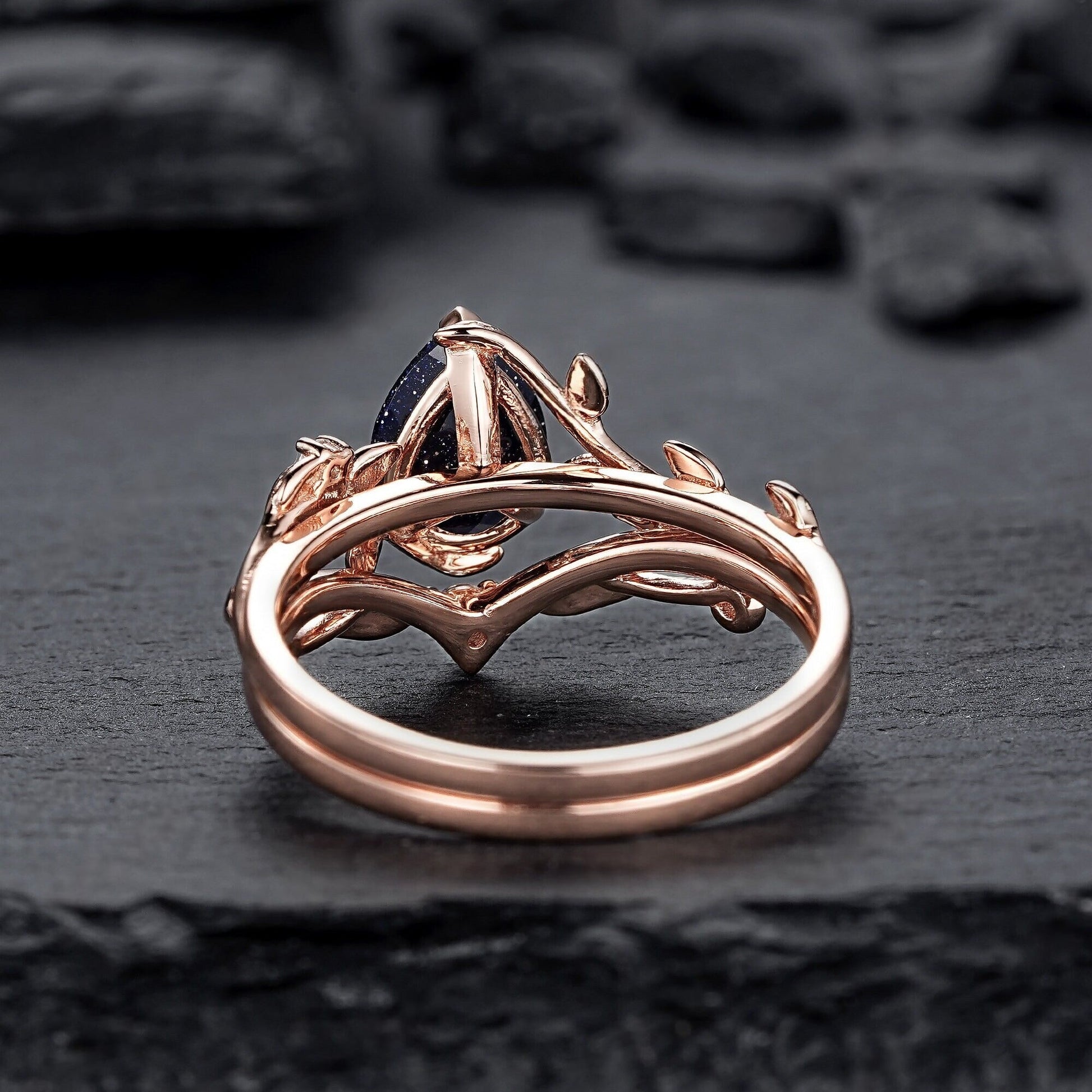 Nature Inspired Pear Shape Blue Sandstone Leaf Engagement Ring Set Rose Gold Twig Branch Promise Ring, Vine Anniversary Gift for Women - anerjuly